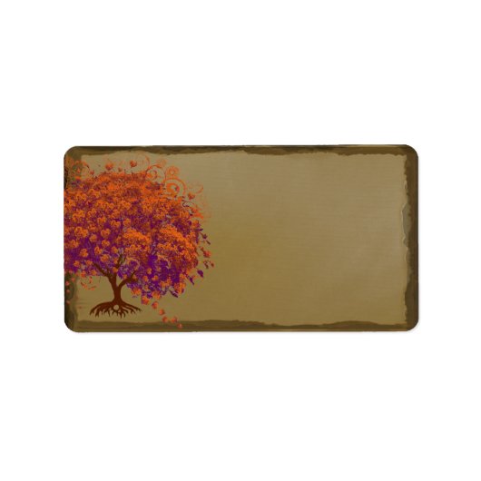 Whimsical Heart Leafed Tree Oranje & Plum on Gold Etiket (Voorkant)