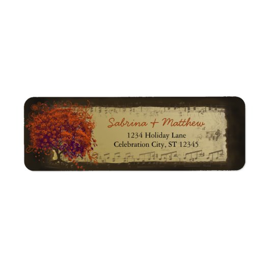 Whimsical Heart Leafed Tree Oranje & Plum on Gold Etiket (Voorkant)