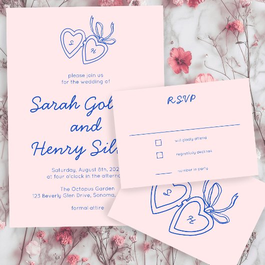 Whimsical Heart Locket Doodle Sketch CUSTOM RSVP Kaartje