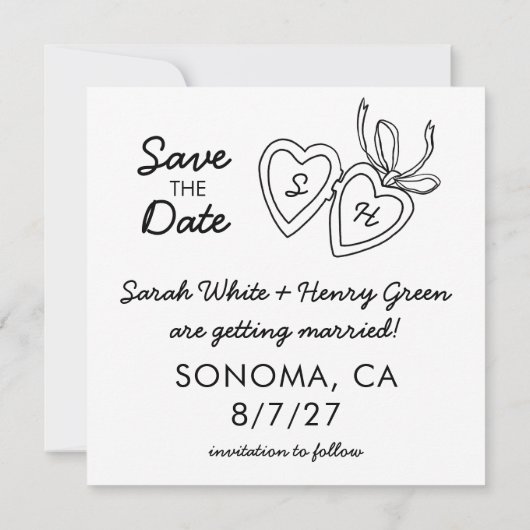 Whimsical Heart Locket Doodle Sketch Modern CUSTOM Save The Date (Achterkant)