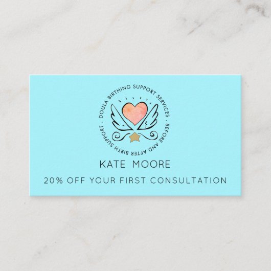 Whimsical Heart & Wings Doula Geboortezorg Kortingskaartje (Voorkant)