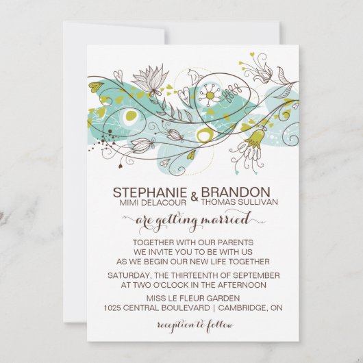 Whimsical Hearts and Flowers Wedding Invitations Kaart (Voorkant)