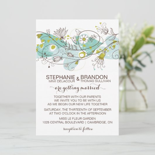 Whimsical Hearts and Flowers Wedding Invitations Kaart (Staand voorkant)