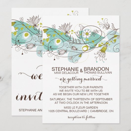 Whimsical Hearts and Flowers Wedding Invitations Kaart (Voorkant / Achterkant)