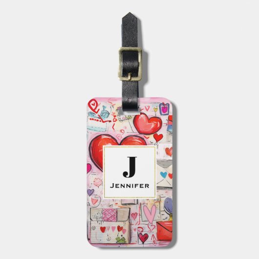 Whimsical Hearts and Love Letters Monogram Bagagelabel (Voorkant verticaal)