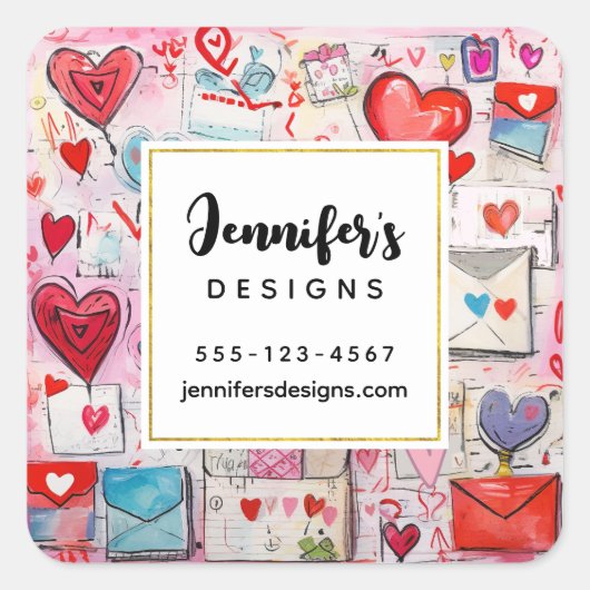 Whimsical Hearts and Love Letters Patroon Business Vierkante Sticker (Voorkant)