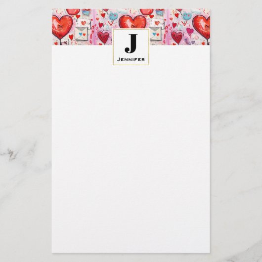Whimsical Hearts and Love Letters Patroon Monogram Briefpapier (Voorkant)