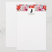 Whimsical Hearts and Love Letters Patroon Monogram Briefpapier (Voorkant / Achterkant)