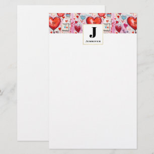 Whimsical Hearts and Love Letters Patroon Monogram Briefpapier