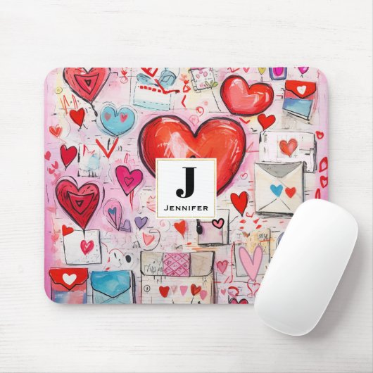 Whimsical Hearts and Love Letters Patroon Monogram Muismat (Met muis)