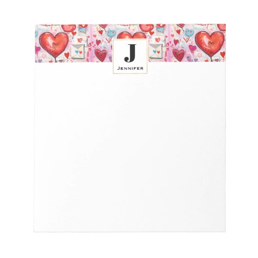 Whimsical Hearts and Love Letters Patroon Monogram Notitieblok (Voorkant)