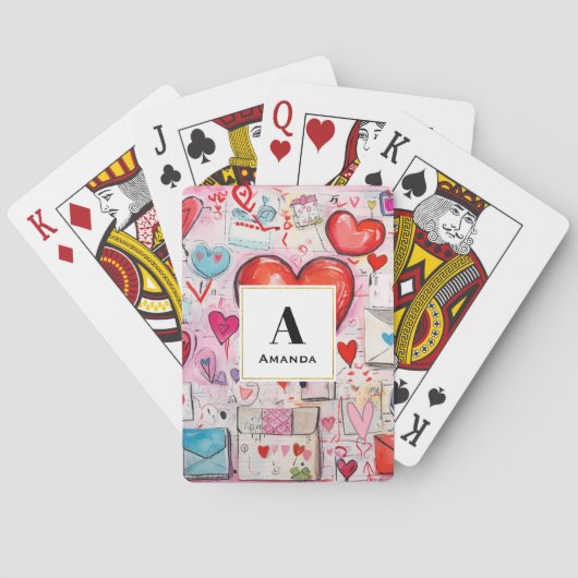 Whimsical Hearts and Love Letters Patroon Monogram Pokerkaarten (Achterkant)