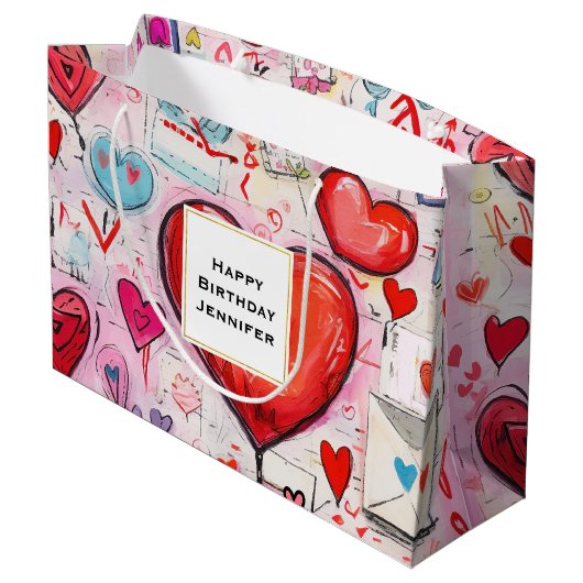 Whimsical Hearts and Love Letters Patroon Verjaard Groot Cadeauzakje (Achterkant Gekanteld)