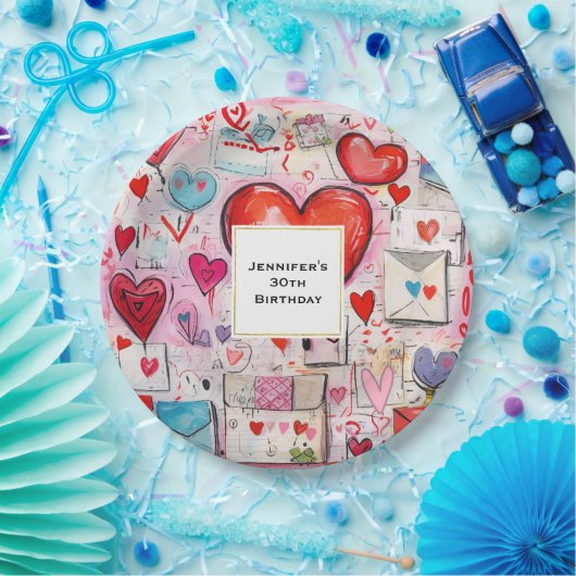Whimsical Hearts and Love Letters Patroon Verjaard Papieren Bordje (Feest)