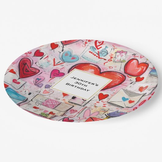 Whimsical Hearts and Love Letters Patroon Verjaard Papieren Bordje (Gekanteld)