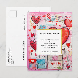 Whimsical Hearts and Love Letters Save the Date Uitnodiging Briefkaart