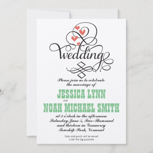  Whimsical Hearts Green Coral Invitation Kaart (Voorkant)