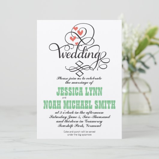 Whimsical Hearts Green Coral Invitation Kaart (Staand voorkant)
