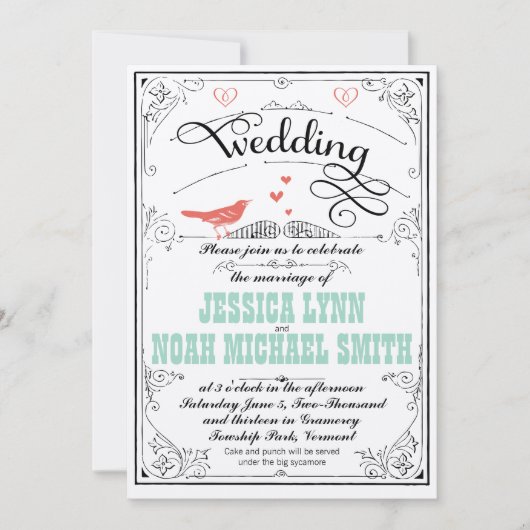  Whimsical Hearts Mint en Coral Invitation Kaart (Voorkant)