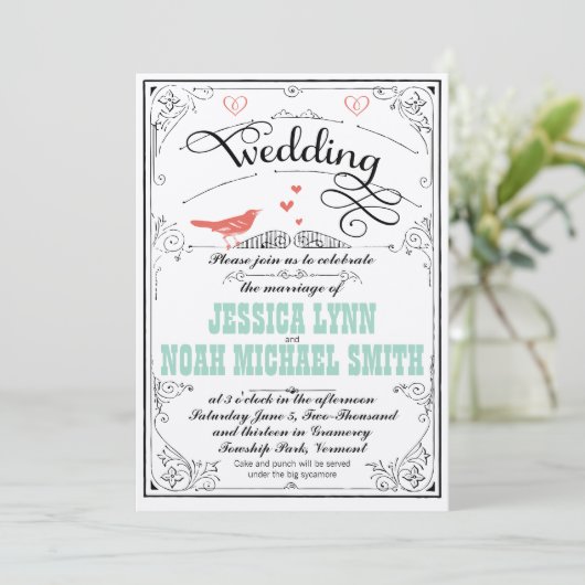  Whimsical Hearts Mint en Coral Invitation Kaart (Staand voorkant)