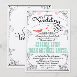  Whimsical Hearts Mint en Coral Invitation Kaart