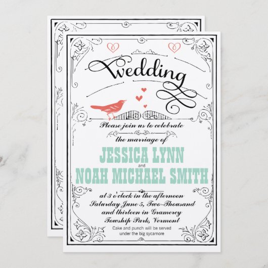  Whimsical Hearts Mint en Coral Invitation Kaart (Voorkant / Achterkant)