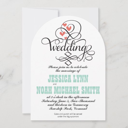  Whimsical Hearts Mint en Coral Invitation Kaart (Voorkant)