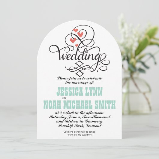  Whimsical Hearts Mint en Coral Invitation Kaart (Staand voorkant)