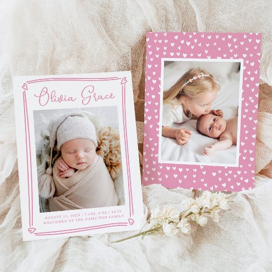 Whimsical Hearts Pink Photo Birth Aankondiging