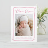 Whimsical Hearts Pink Photo Birth Aankondiging (Staand voorkant)