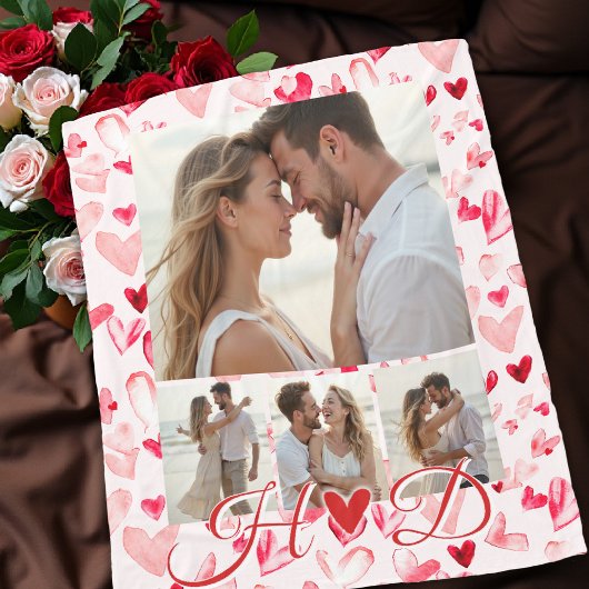 Whimsical Hearts Valentine Red Pink Photo Collage Fleece Deken