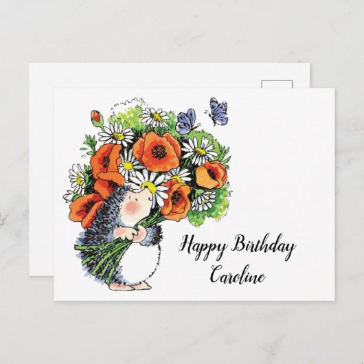 Whimsical Hedégel en Poppies Birthday Briefkaart (Voorkant / Achterkant)