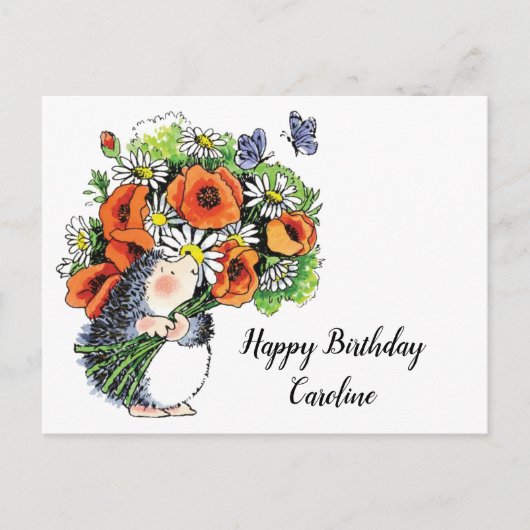 Whimsical Hedégel en Poppies Birthday Briefkaart (Voorkant)