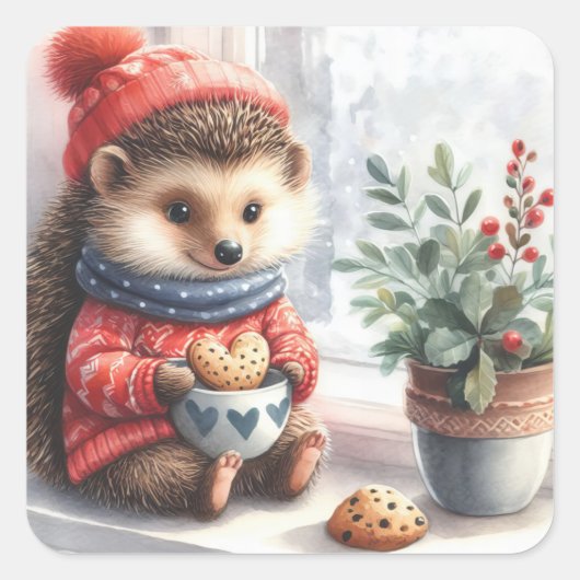 Whimsical Hedgehog Floral Cookies Valentijn Vierkante Sticker (Voorkant)