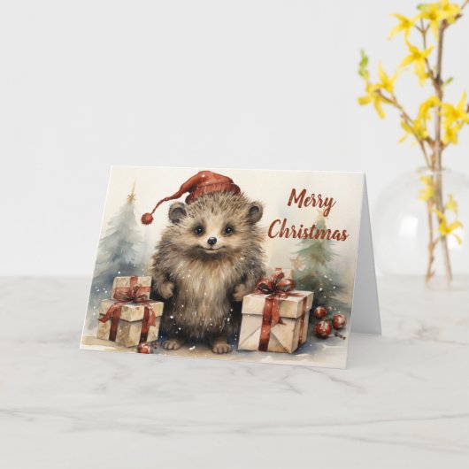 Whimsical Hedgehog Kerst Kaart (Gele Bloem)