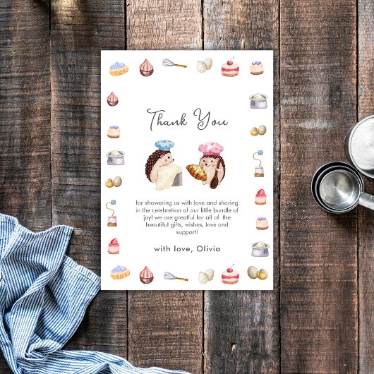 Whimsical Hedgehog Little Chef Baker Baby Shower  Bedankkaart