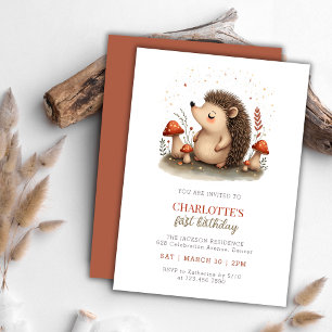 Whimsical Hedgehog Mushroom 1st Birthday Party Kaart
