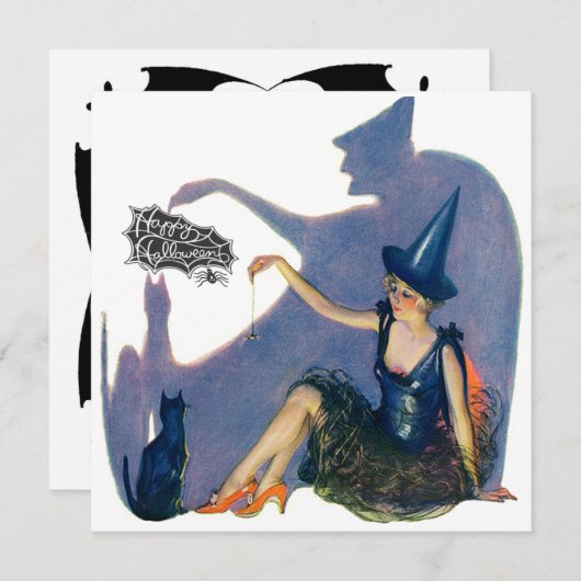  Whimsical-heks en Cat Halloween-partij Kaart (Voorkant / Achterkant)