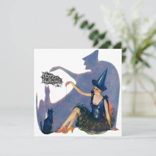 Whimsical-heks en Cat Halloween-partij Kaart (Staand voorkant)