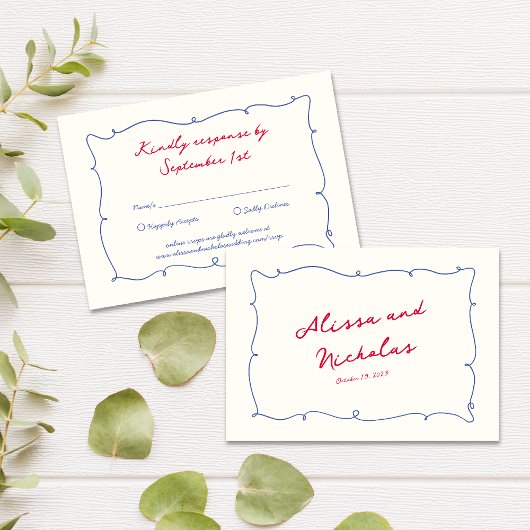 Whimsical Heldere Rand & Script Namen Bruiloft RSVP Kaartje