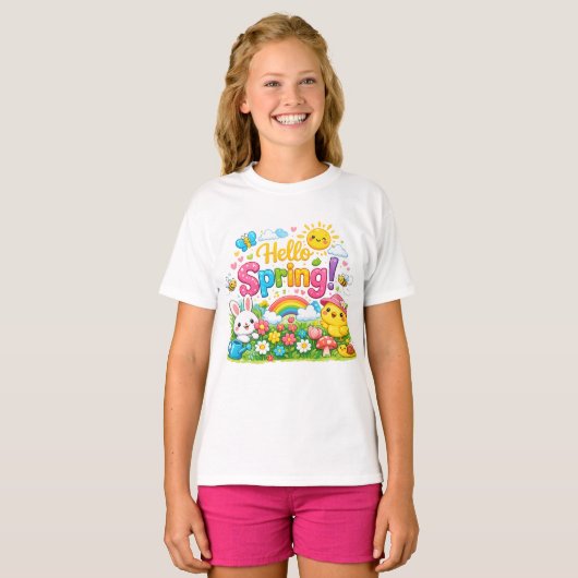Whimsical "Hello Spring" Illustration with Bunny T-shirt (Voorkant volledig)