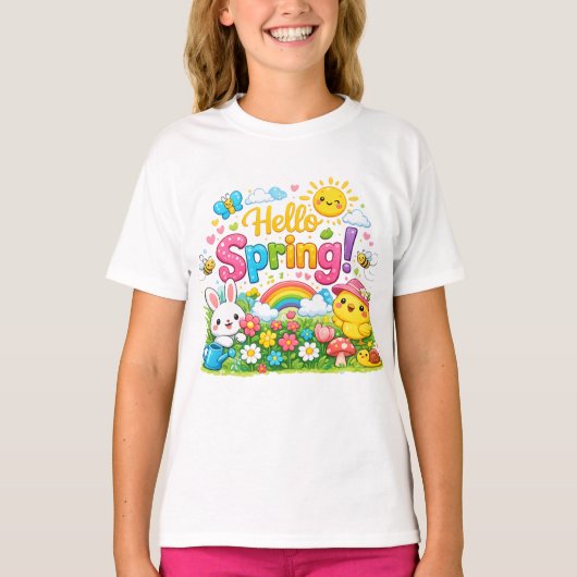 Whimsical "Hello Spring" Illustration with Bunny T-shirt (Voorkant)