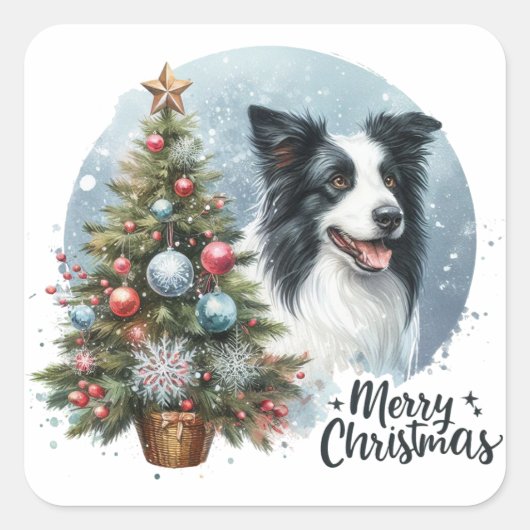 Whimsical Herding Border Collie Hond Merry Xmas Vierkante Sticker (Voorkant)