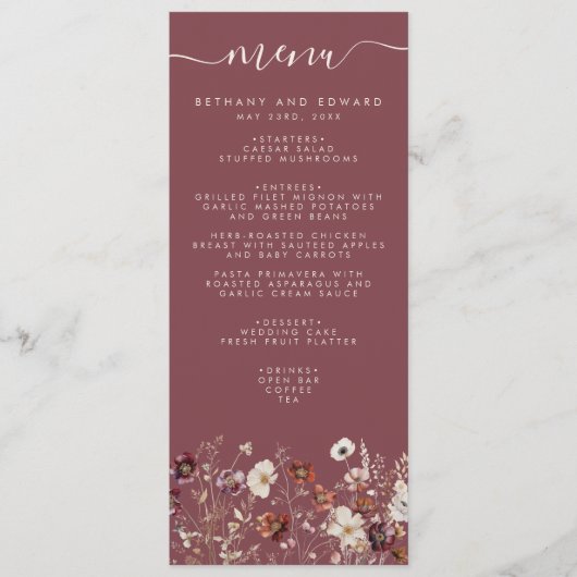 Whimsical Herfst Dried Flowers Mauve Wedding Menu (Voorkant)