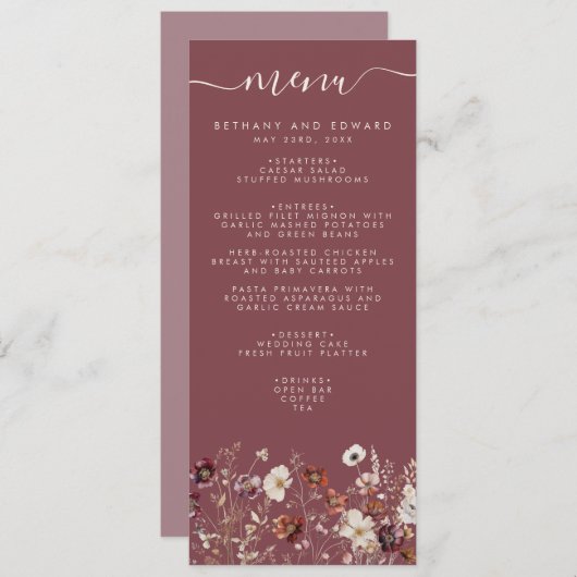 Whimsical Herfst Dried Flowers Mauve Wedding Menu (Voorkant / Achterkant)