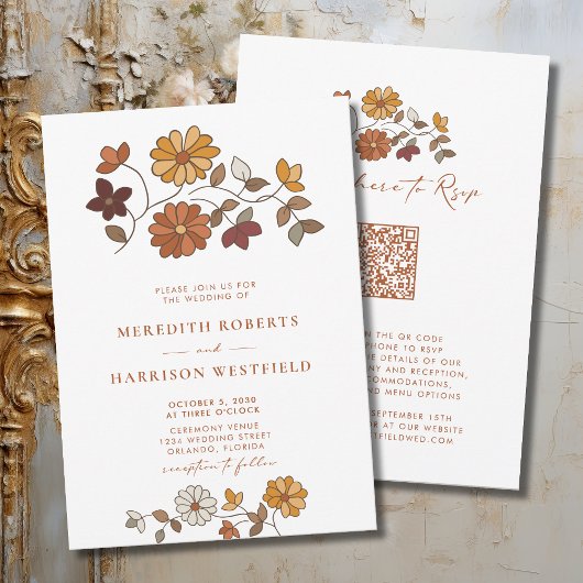 Whimsical Herfst Floral QR Code Wedding Kaart