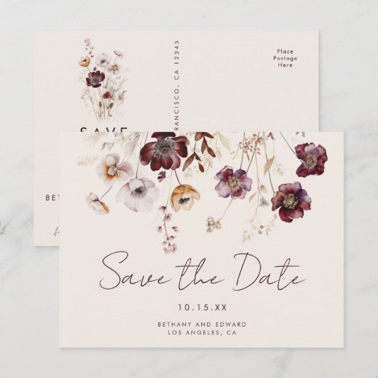 Whimsical Herfst Floral Wedding Save the Date Briefkaart (Voorkant / Achterkant)