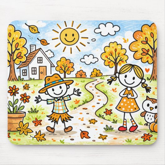 Whimsical Herfst Kinderen en Uil Muismat (Voorkant)
