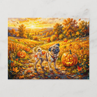 Whimsical Herfst Pompoen Pad Mops Illustratie Briefkaart