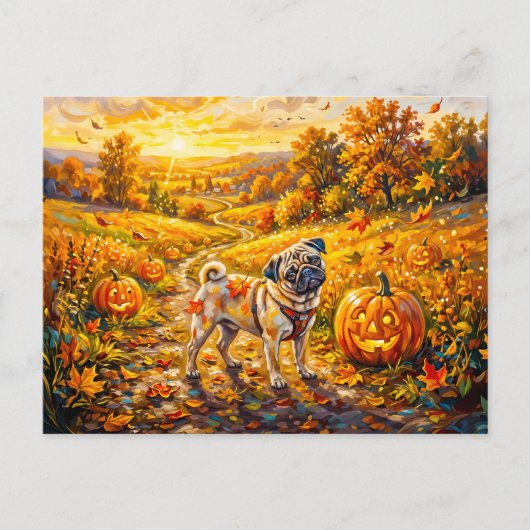Whimsical Herfst Pompoen Pad Mops Illustratie Briefkaart (Voorkant)